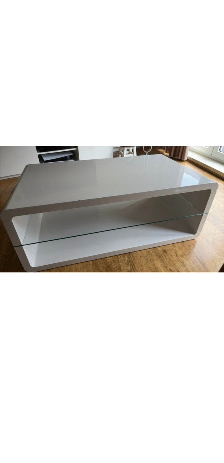 Salontafel hoogglans wit met glas /tafel salon, Ophalen, Zo goed als nieuw