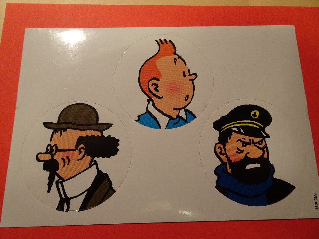Feuillet 3 autocollants - Tintin / Haddock / Tournesol, Enlèvement ou Envoi, Tintin, Comme neuf, Image, Affiche ou Autocollant