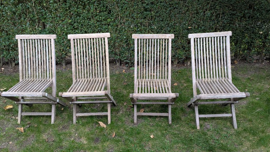 4 houten tuinstoelen (teak), Tuin en Terras, Ophalen, Gebruikt, Teakhout, Inklapbaar