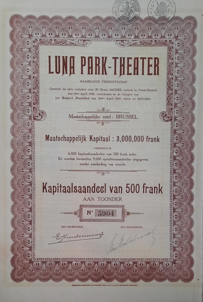 Luna Park - Theater - Brussel, Ophalen of Verzenden, 1920 tot 1950, Aandeel