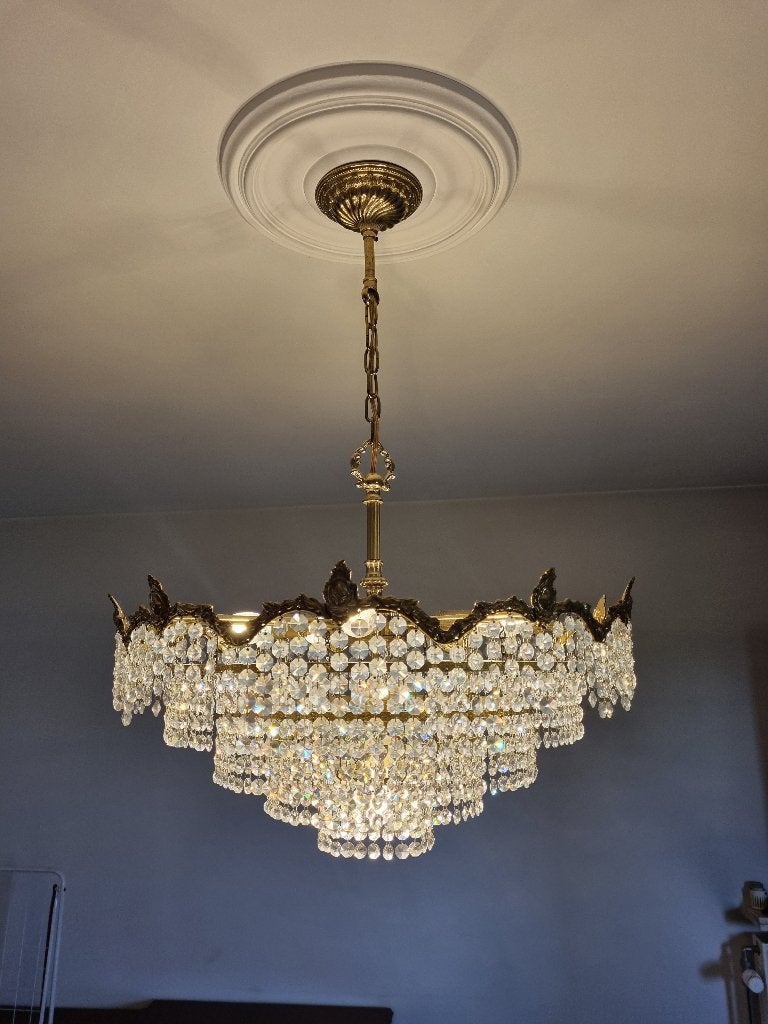 Kristallen kroonluchter, Huis en Inrichting, Lampen | Kroonluchters, Ophalen, Gebruikt, Glas, E14 (klein)