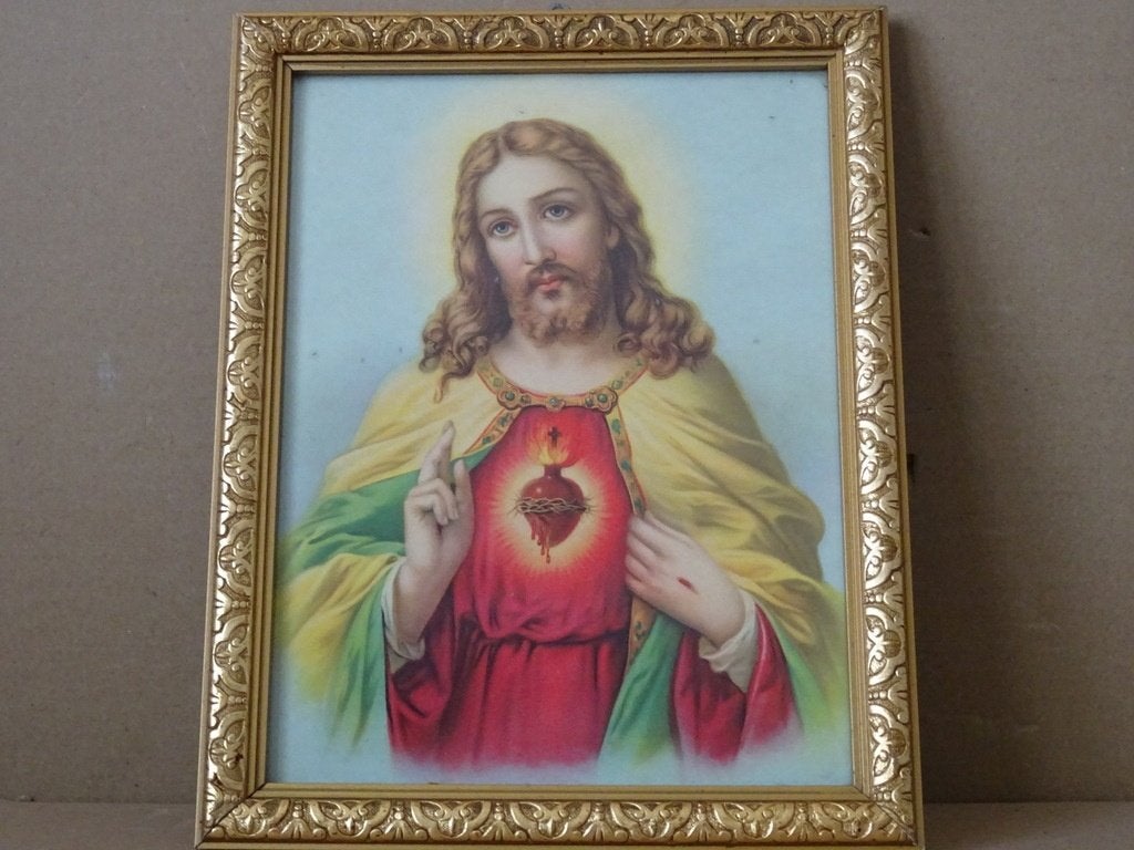Vintage prent Jezus Christus toont Heilig Hart 21x27cm 1950, Verzamelen, Religie, Ophalen of Verzenden, Gebruikt, Overige typen