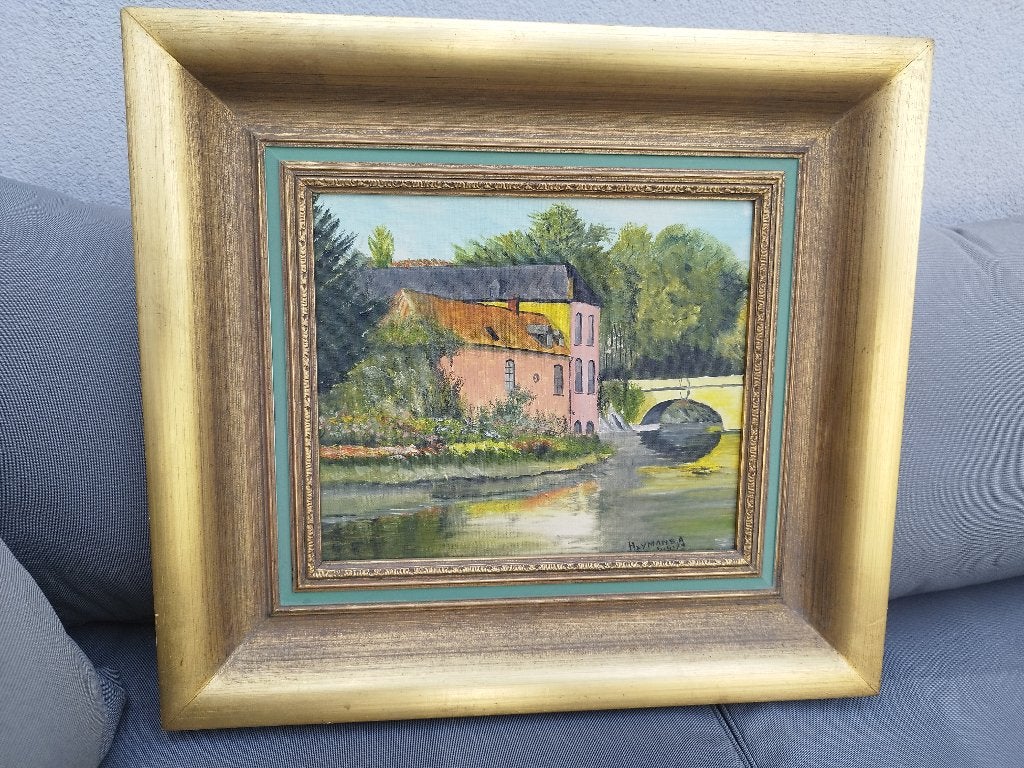 pastel schilderij koetshuis kasteel aan water 50 op 55 cm, Enlèvement