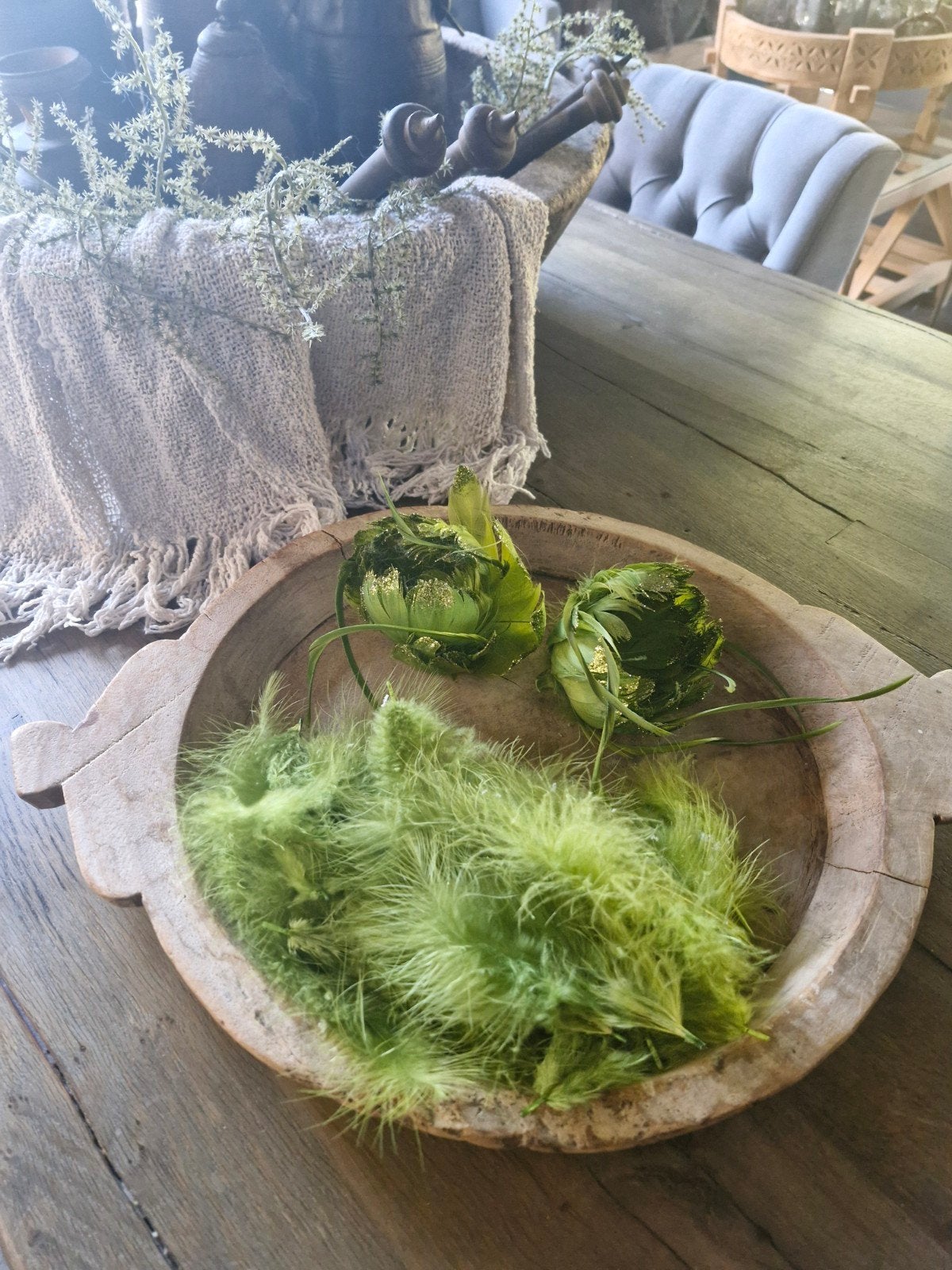 Décoration de Noël verte — 2 fleurs décoratives et des plume, Enlèvement