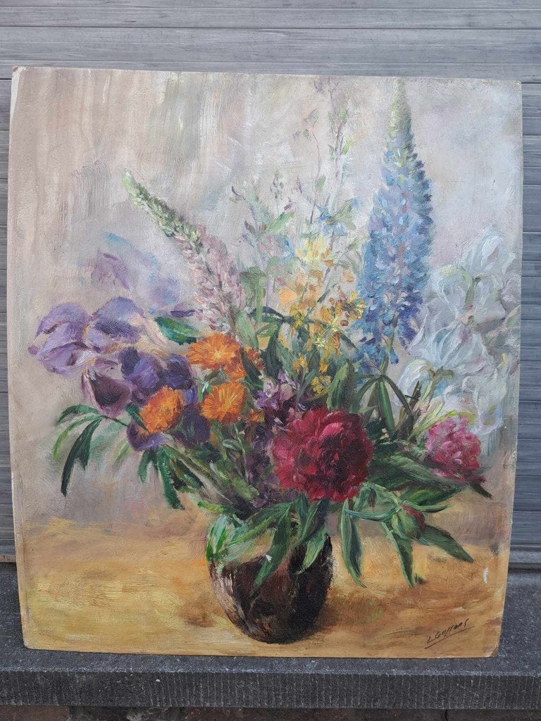 huile sur panneau fleurs signe, Antiquités & Art, Art | Peinture | Classique, Enlèvement ou Envoi, Fleurs, Panneau