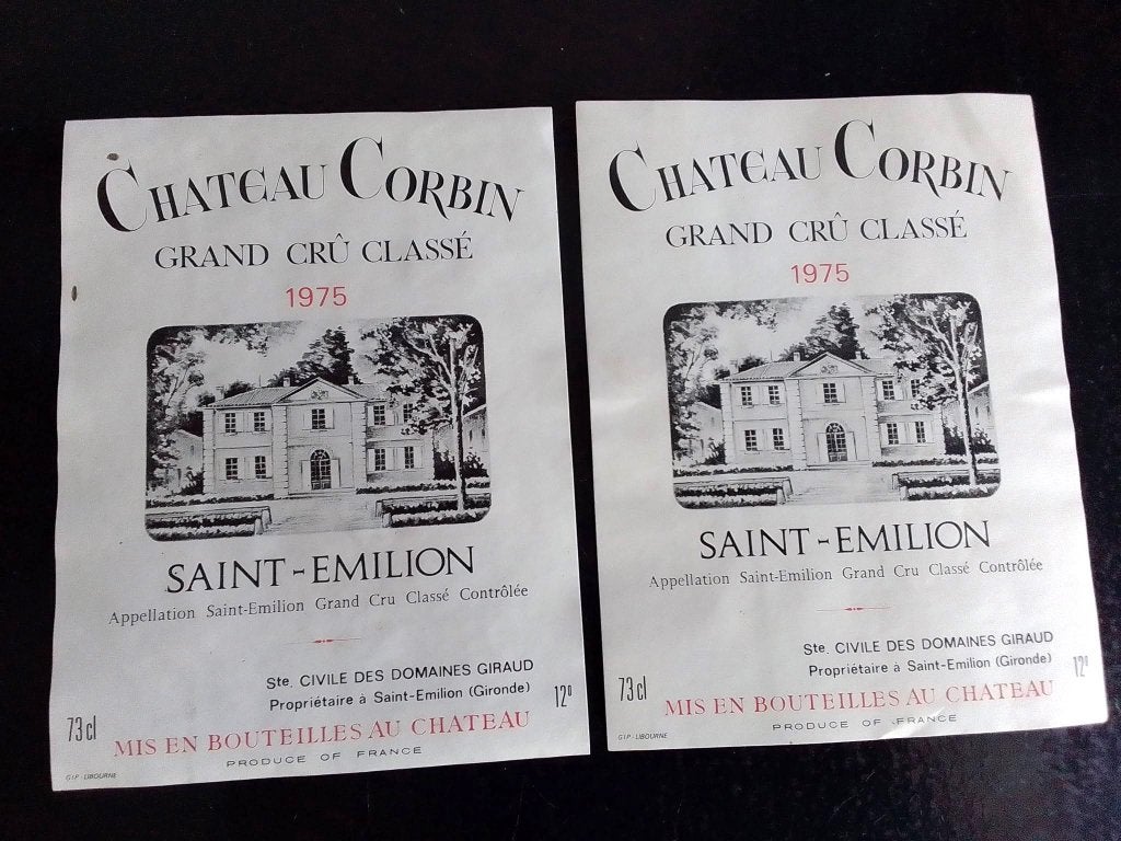 3 étiquettes vin Château Corbin 1975 et 1974 Saint-Émilion, Collections, Vins, Utilisé, Autres types, Enlèvement ou Envoi