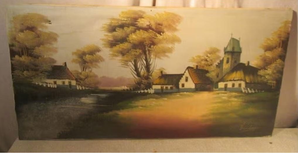 Mooi Oud Geschilderd Werk 'Rivier en Dorpje' - gesigneerd, Doek, Ophalen of Verzenden, Landschap, Olieverf
