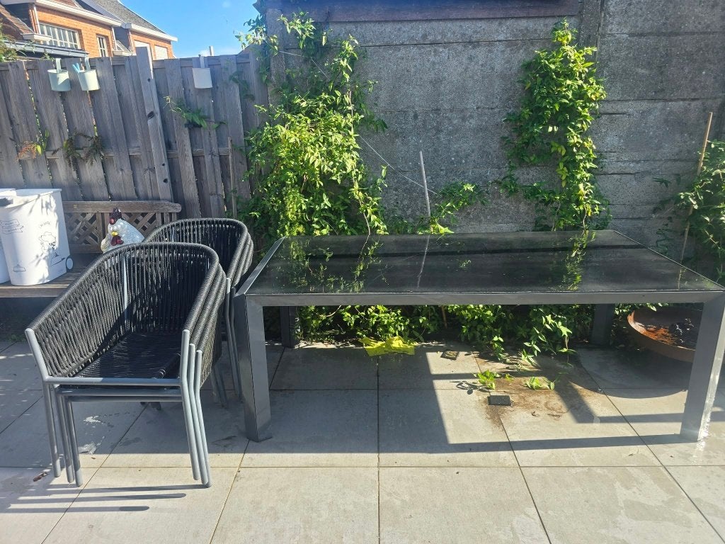 Terrastafel met 6 stoelen + kussens, Tuin en Terras, Ophalen, Gebruikt, 6 zitplaatsen, Aluminium