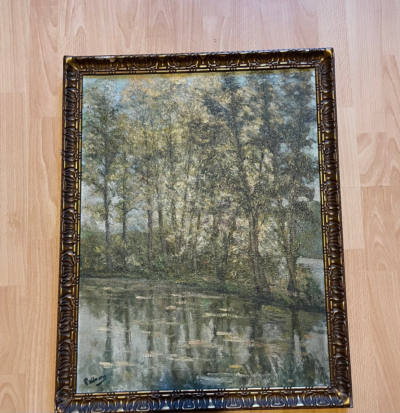 Olieverf op doek Vijverlandschap in bos — Ingelijst, Ophalen, Bijzondere lijst, Impressionistisch, Landschap