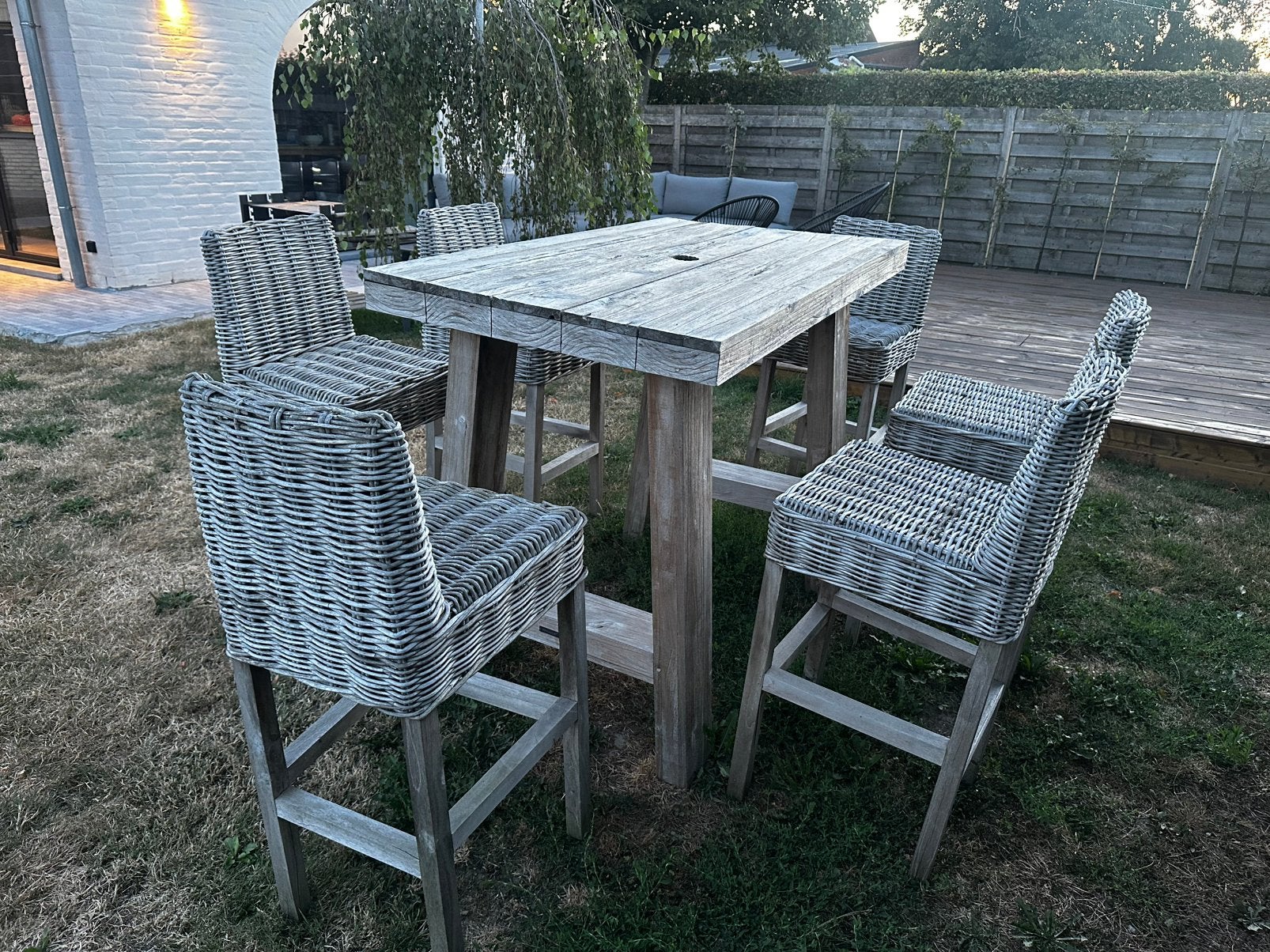 Tuinset hoge tafel met barkrukken, Ophalen, Teakhout, 6 zitplaatsen, Tuinset