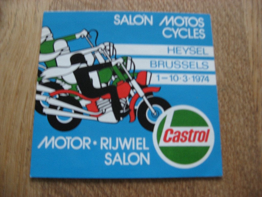 Vintage Sticker Motor Rijwiel Salon 1974 Castrol Heysel Brus, Enlèvement ou Envoi, Neuf, Voiture ou Moto