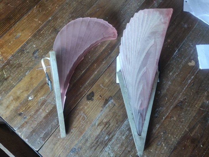 Unieke set Franse Art Deco wandlampen Roze persglas Jaren 30, Antiek en Kunst, Ophalen