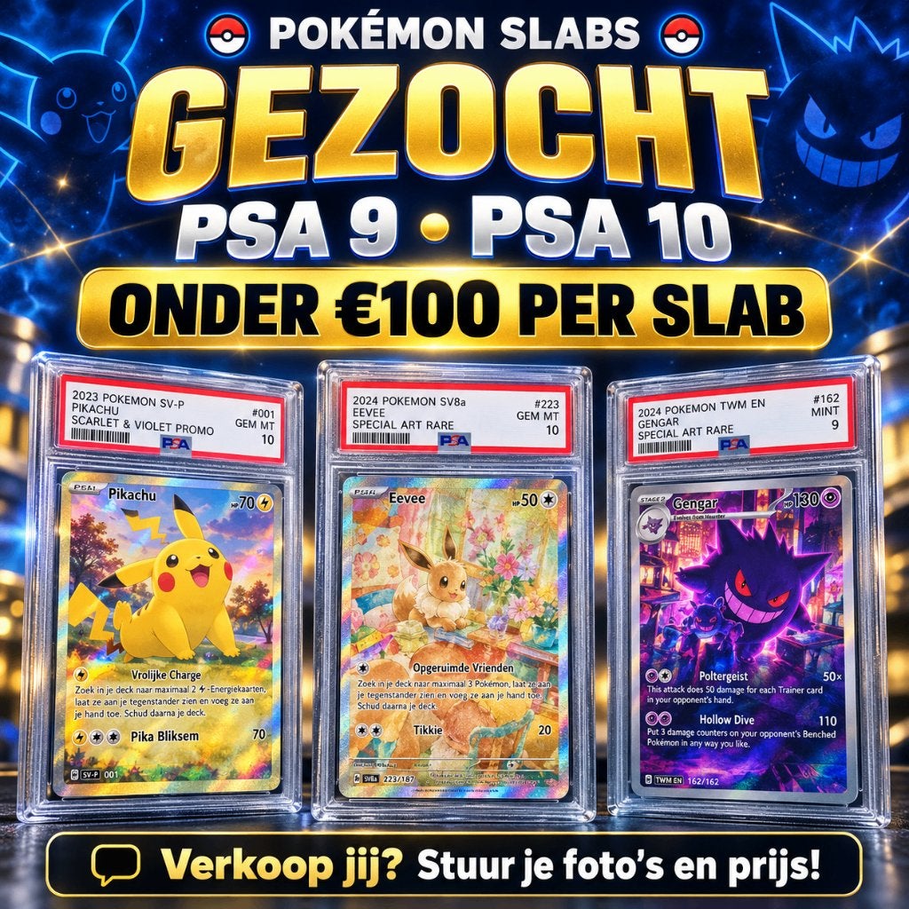 INKOOP GEZOCHT AAN 80%: PSA 9 - 10 Slabs <100 euro, Hobby en Vrije tijd, Ophalen, Nieuw, Losse kaart, Foil