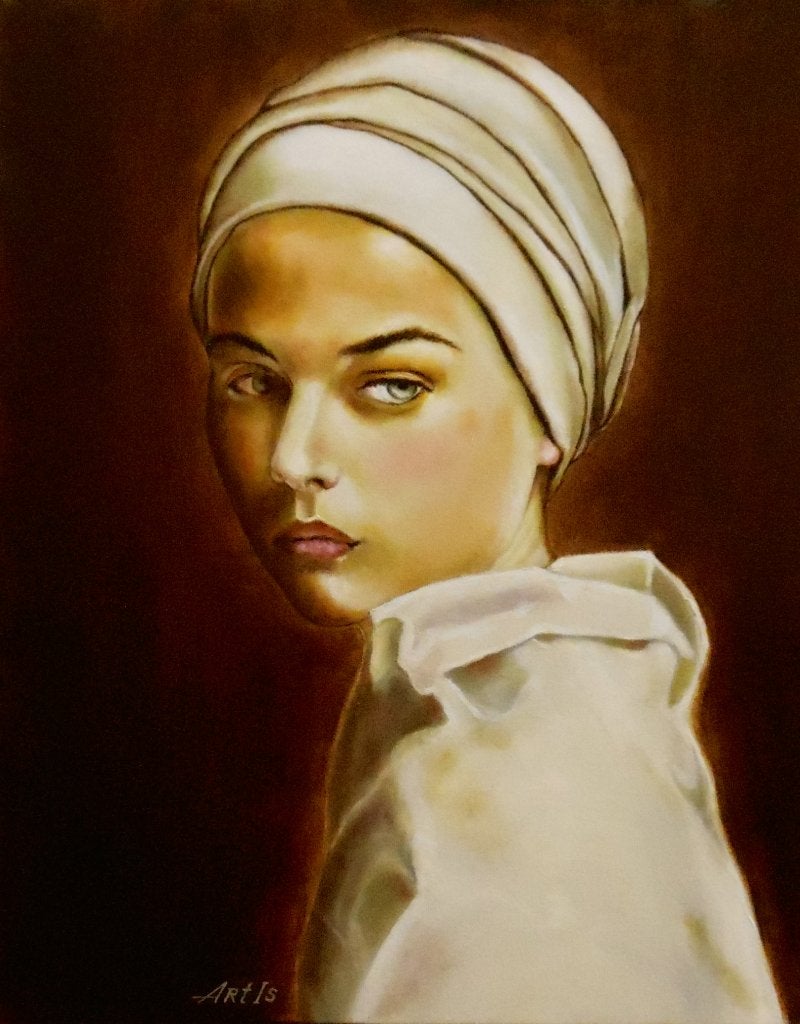 Peinture « Portrait d'une jeune fille », Antiquités & Art, Art | Peinture | Moderne, Textile, Peinture à l'huile, Certificat d'authenticité