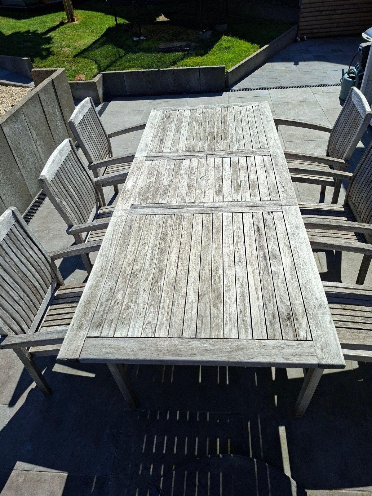 Tuintafelset teak met 6 stoelen in gebruikte staat, Tuin en Terras, Tuintafels, Ophalen