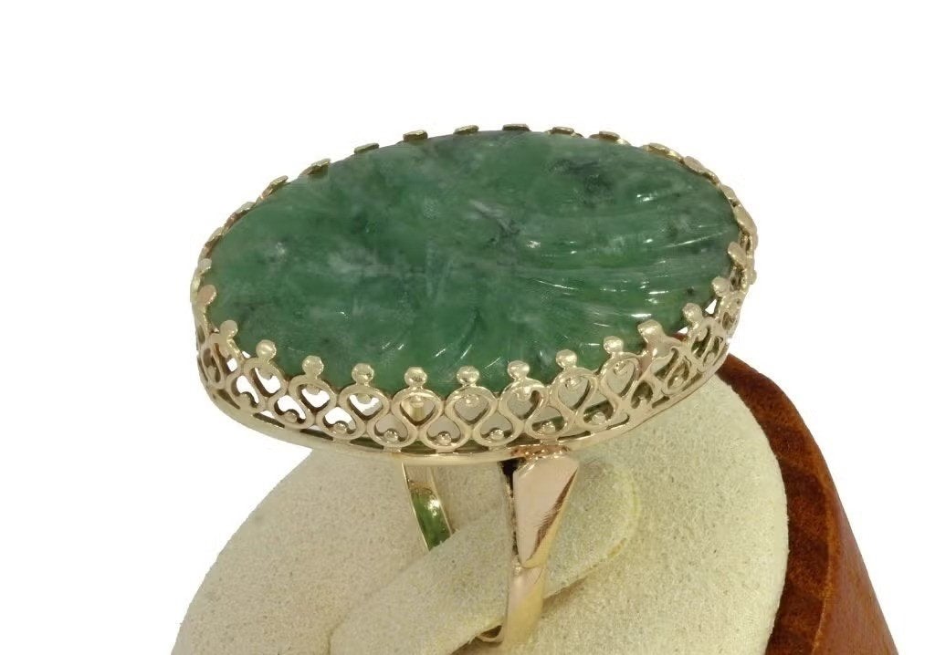 Robuuste Jade nefriet 14k gouden vintage ring dame luxe, Handtassen en Accessoires, Ophalen of Verzenden, Zo goed als nieuw, Dame of Heer