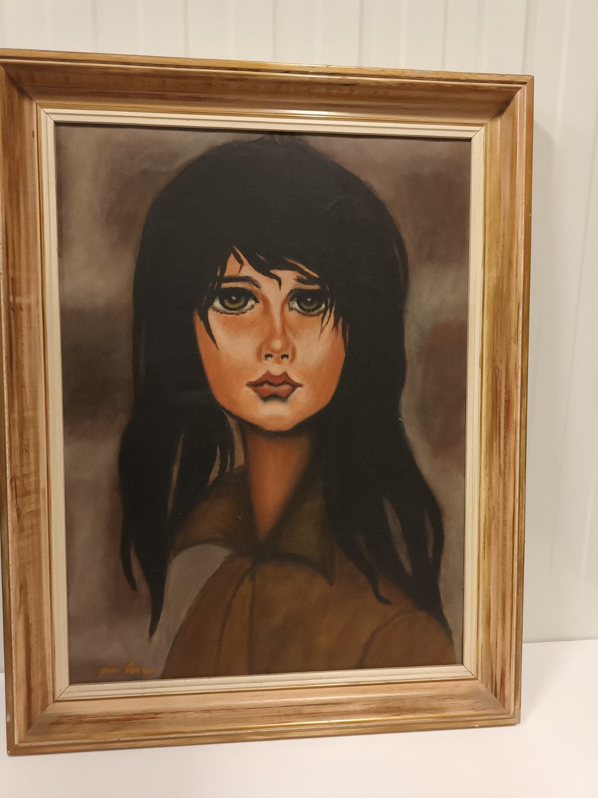 Vintage 'Big Eyes' Portret (Jaren 60/70), Antiek en Kunst, Ophalen of Verzenden, Vintage, Gesigneerd, Doek