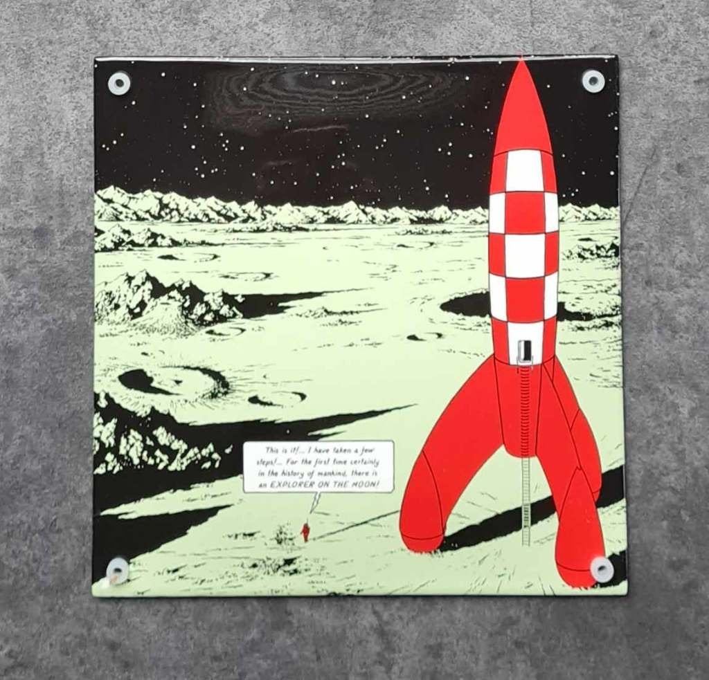Kuifje op de maan zwaar emaillen bordje tintin, Verzamelen, Ophalen of Verzenden, Zo goed als nieuw, Reclamebord