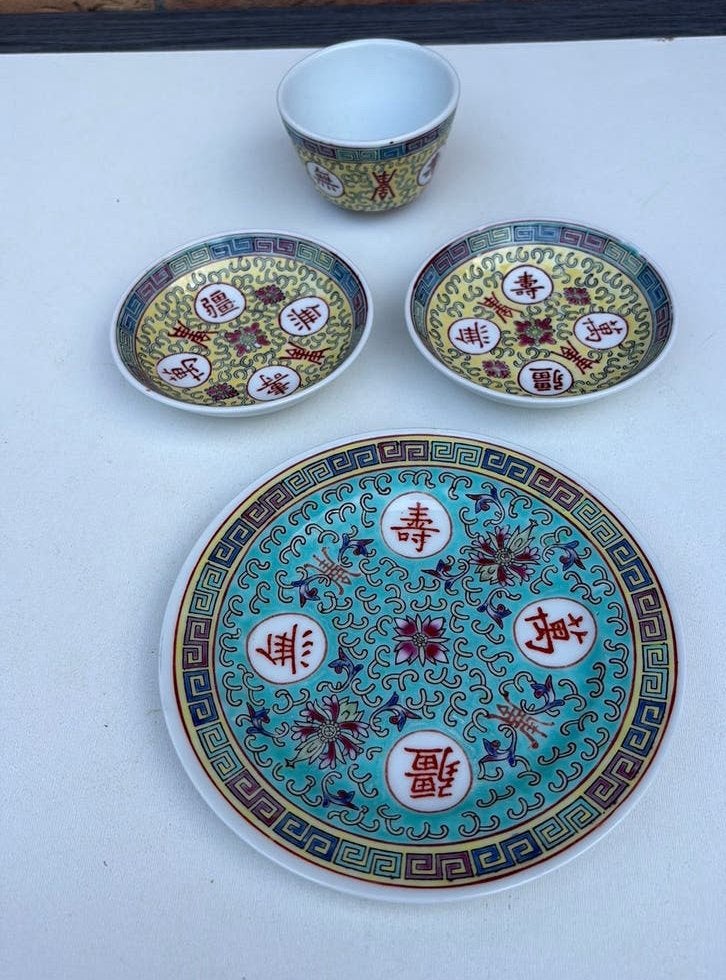 Assiette à gâteau chinoise 1 tasse à thé 2 soucoupes (verte), Enlèvement ou Envoi