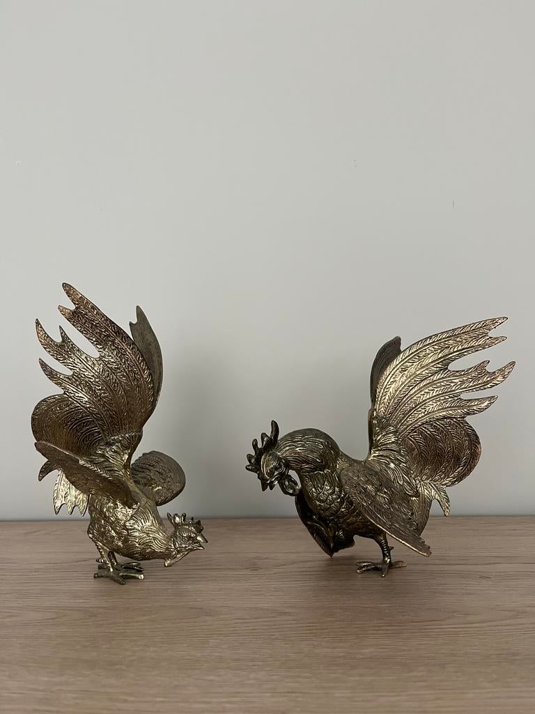 Vechtende hanen in messing, set van 2, Antiek en Kunst, Ophalen