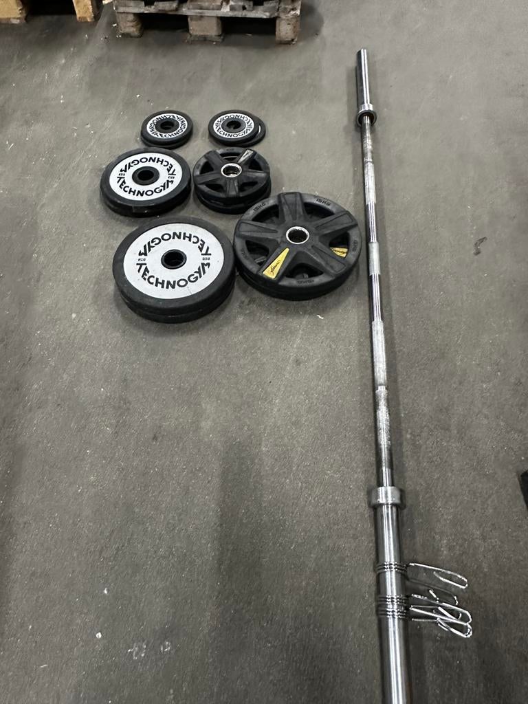 105 Olympische Technogym / Lifemaxx Gewichten +Barbell 220cm, Ophalen, Gebruikt, Halterschijven