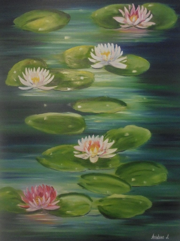 peinture à l'huile moderne nénuphar pool (60x80), Peinture à l'huile, Peint à la main, Autres matériaux, Fleurs