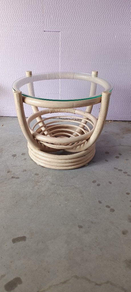 vintage rotan salontafel glazen tafelblad, Enlèvement, Comme neuf, Verre