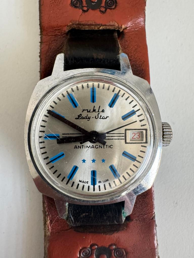 Ruhla Lady-Star vintage dameshorloge — mechanisch — datum, Antiek en Kunst, Ophalen of Verzenden