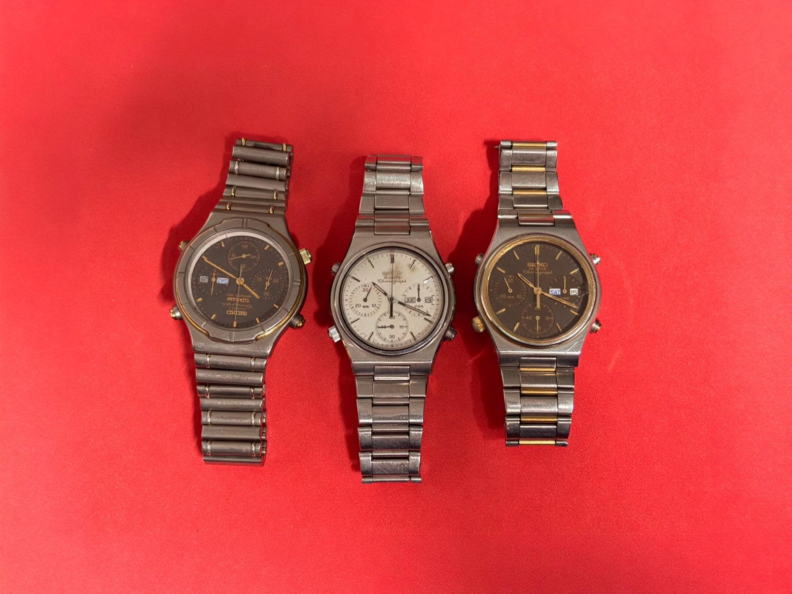 Lot 3 Montres Seiko 7A38 Chronographe Vintage Rares, Enlèvement ou Envoi, Acier, Seiko, Doré