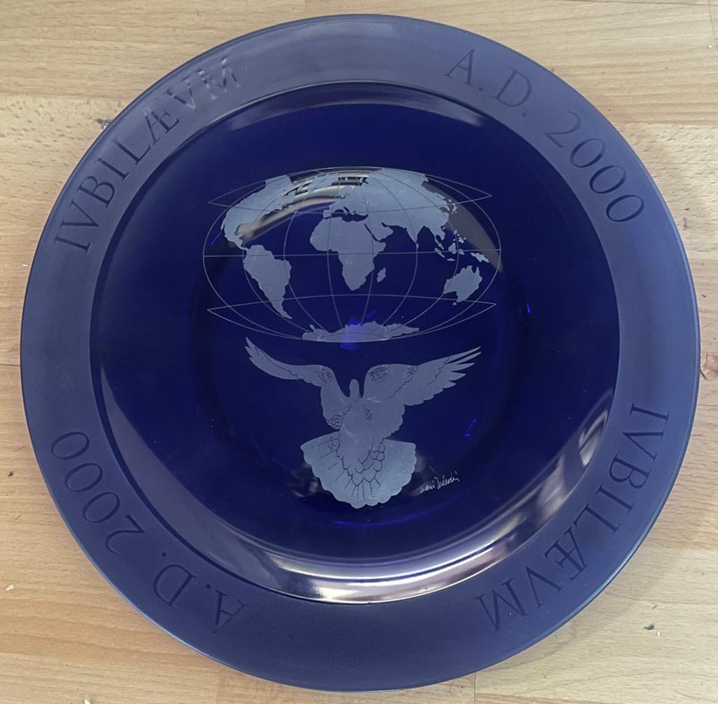 blauw glazen Bormioli jubileumbord 2000 Nani Tedeschi, Ophalen of Verzenden