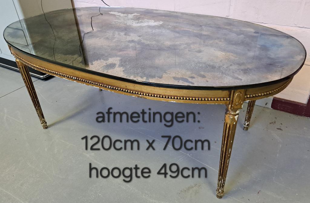 Salontafel, mooie patina, met donker fumé spiegelglas, Enlèvement