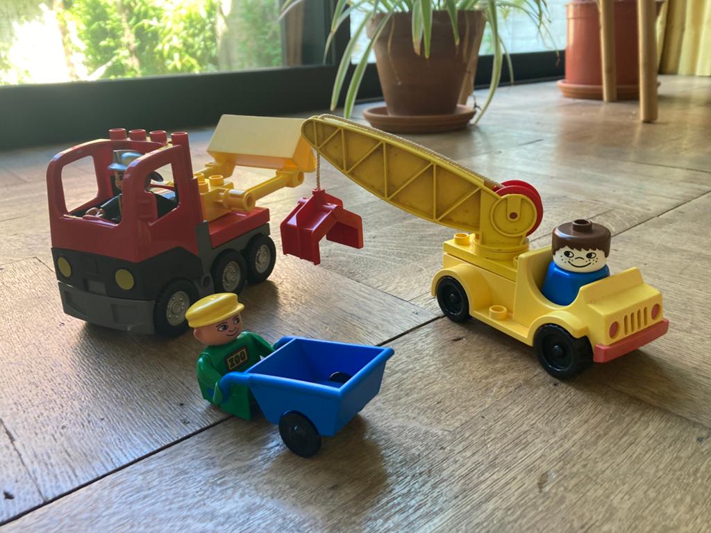 Duplo graafmachine, kraanwagen en mannetjes met kruiwagen, Ophalen, Zo goed als nieuw