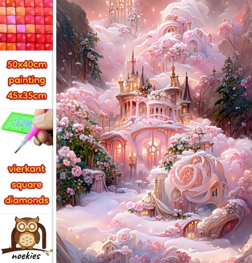 50x40cm Diamond Painting roze kasteel (vierkant) nr 43, Hobby en Vrije tijd, Knutselen, Roze, Fantasie, Verzenden, Nieuw