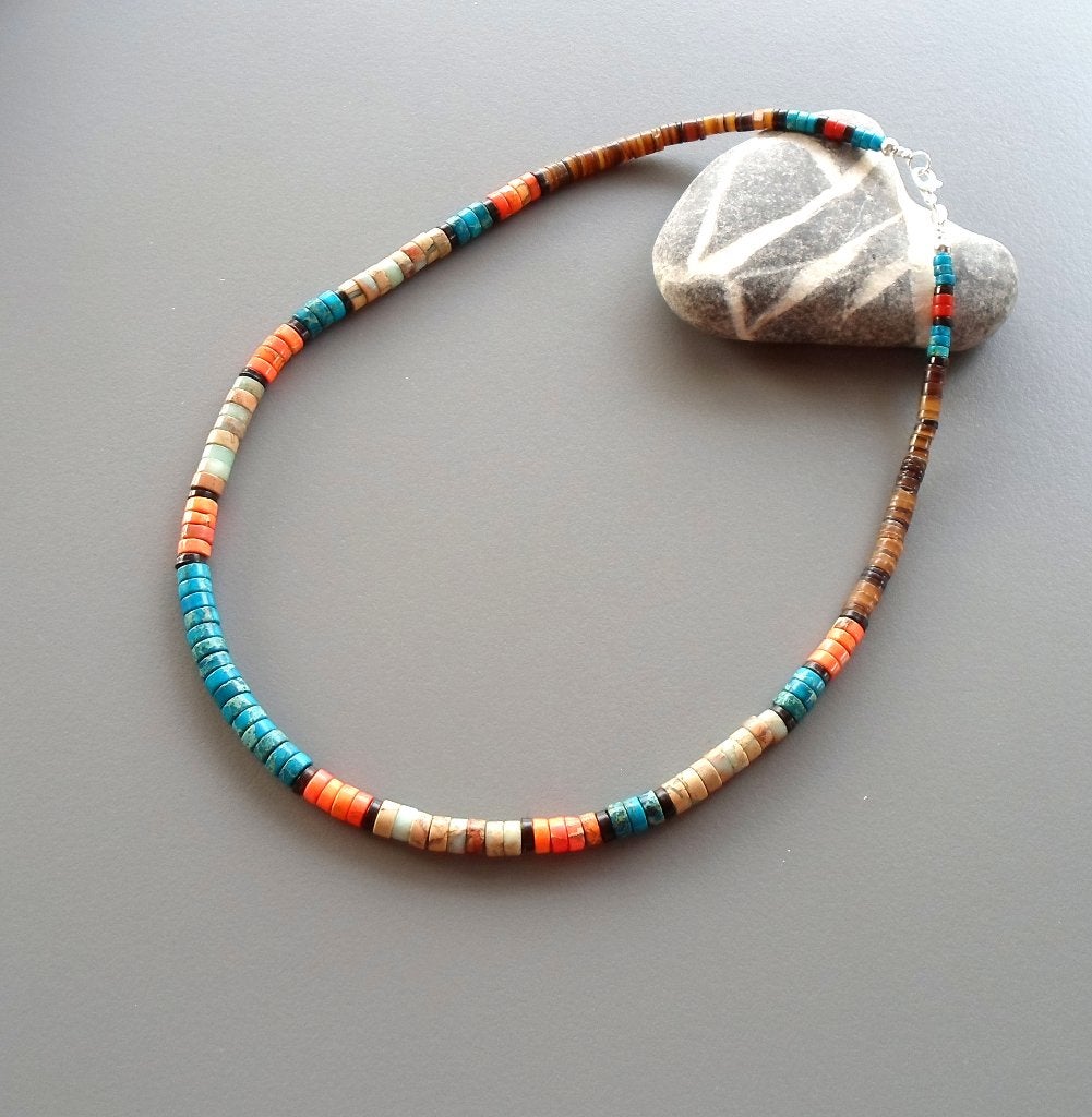Indiaanse ketting man of vrouw in turkoois jaspis en zilver, Nieuw, Oranje, Ophalen of Verzenden, Met edelsteen