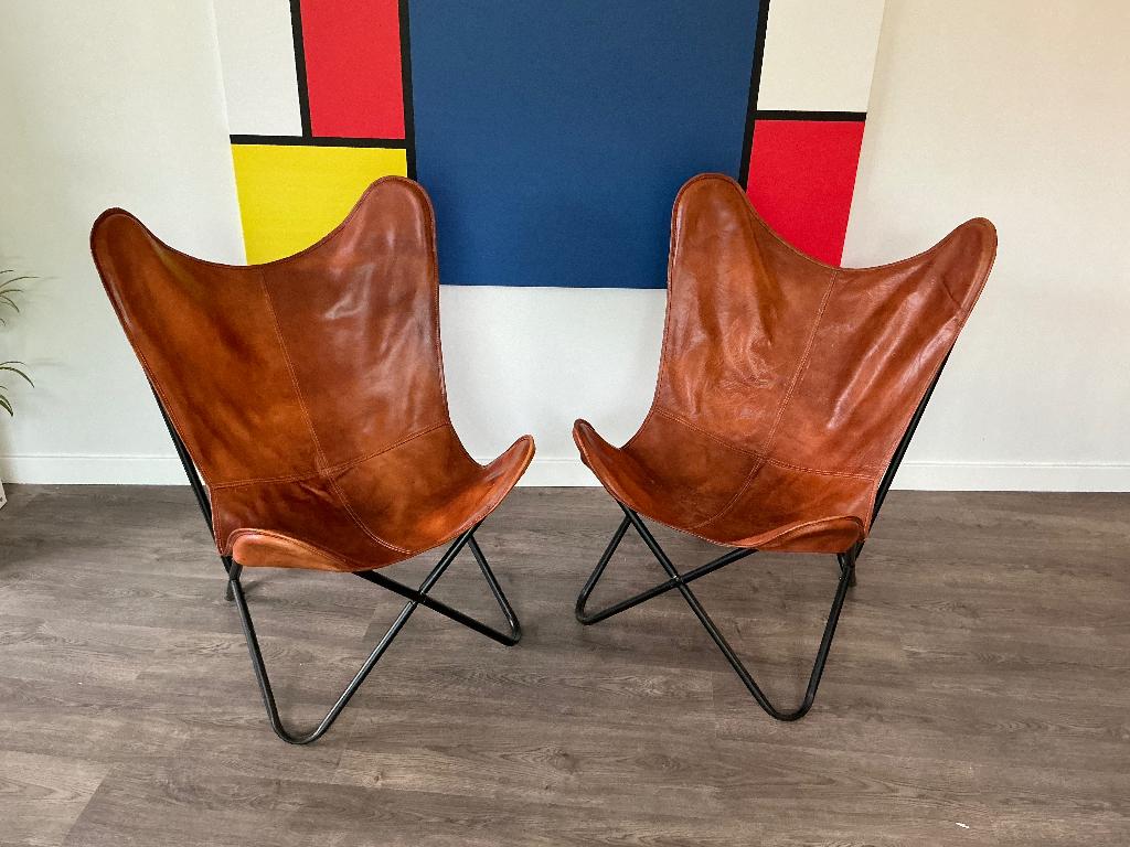 2 vlinderstoelen, Huis en Inrichting, Stoelen, Ophalen, Gebruikt, Leer, Twee
