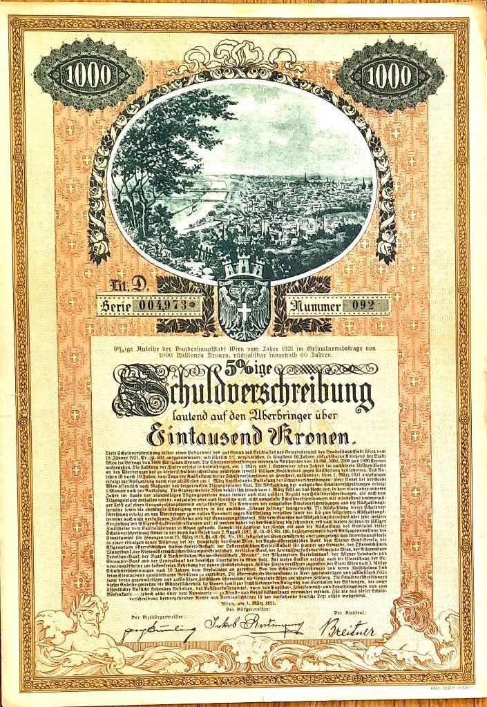 5 % Loan of the City of Vienna - 1921, Timbres & Monnaies, Enlèvement ou Envoi, 1920 à 1950, Obligation ou Prêt