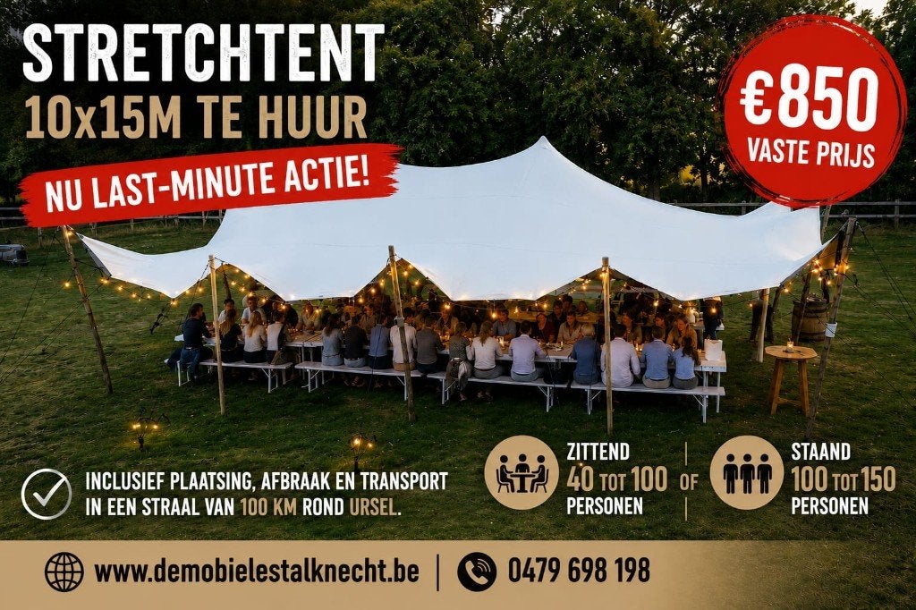 Stretchtent 10x15m te huur, Hobby en Vrije tijd, Feestartikelen | Verhuur, Gebruikt, Ophalen