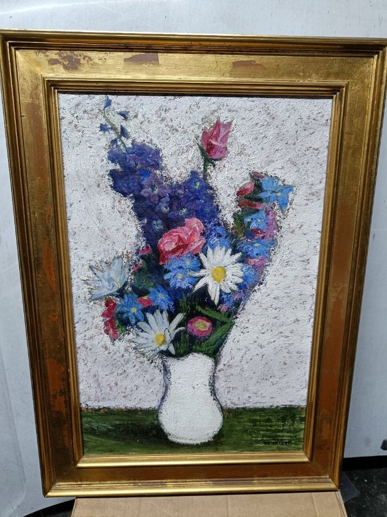 schilderij witte vaas met bloemen, Antiek en Kunst, Doek, Gesigneerd, Olieverf, Klassiek