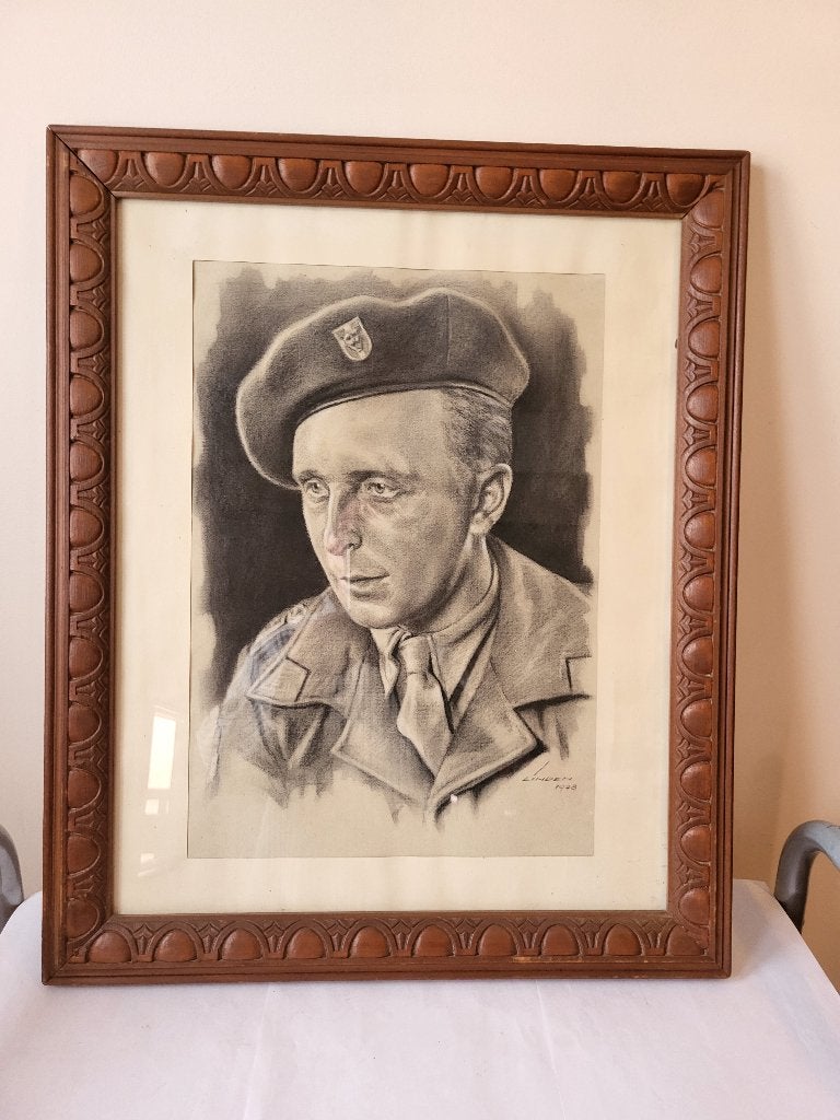 Portrait fusain Officier Belge - Forces Belges Libres WWII, Collections, Enlèvement ou Envoi