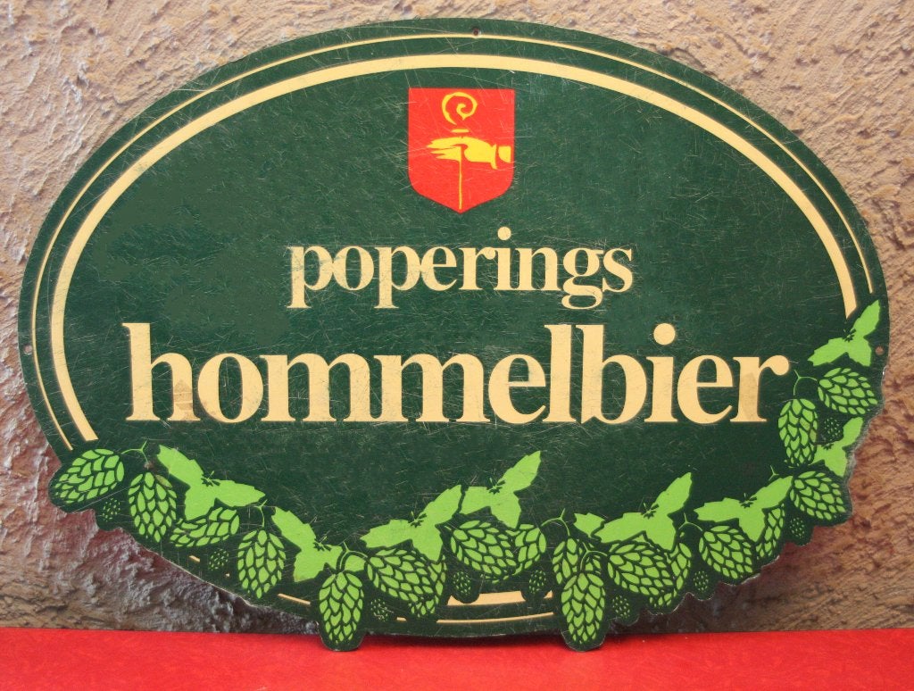 Reclamebord Poperings Hommelbier / Uit Metaal, Verzamelen, Biermerken, Ophalen of Verzenden, Gebruikt, Reclamebord, Plaat of Schild