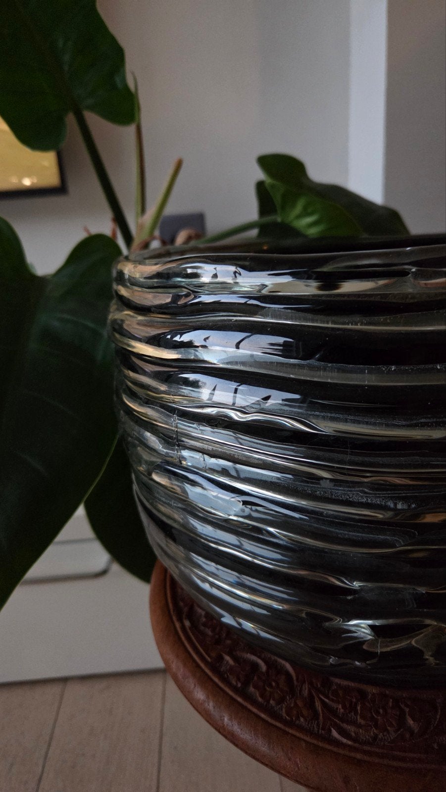 DUTZ mondgeblazen pot "black smoke" geribbelde structuur, Cannelé, Rond, Comme neuf, Verre