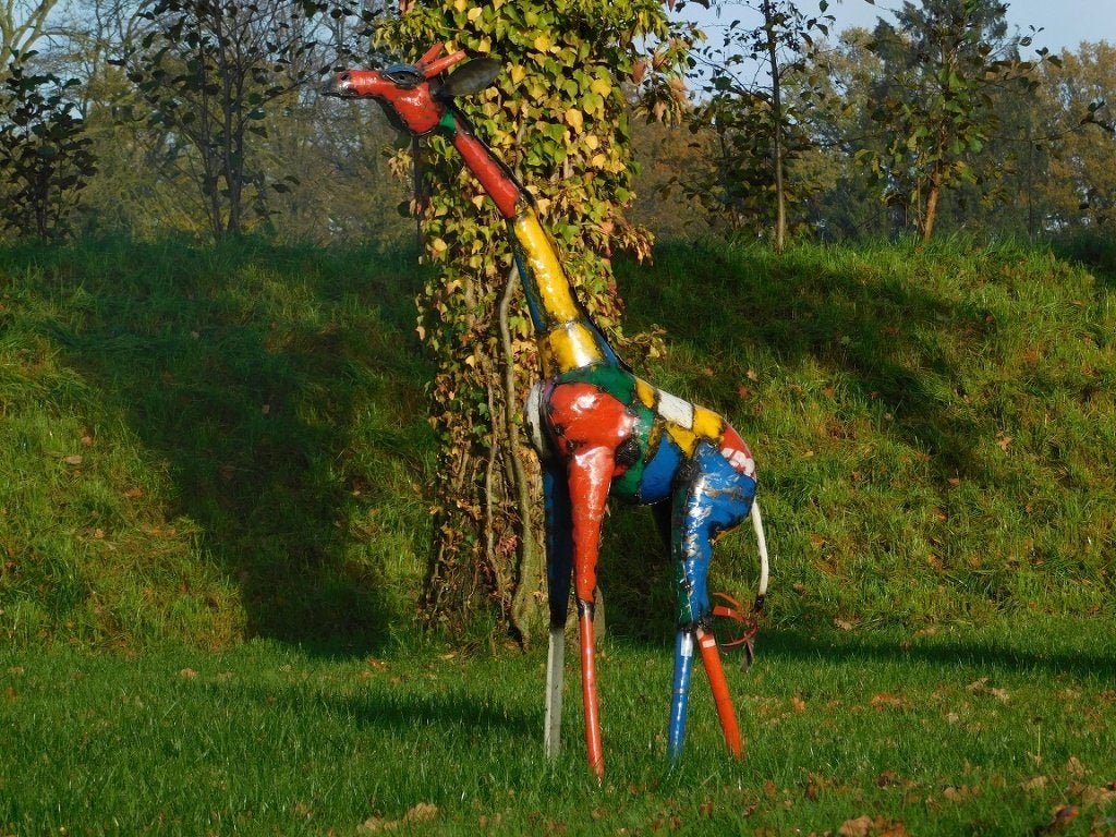 Giraffe "Soleil" - 160 cm - Handgemaakt Kunstwerk, Antiek en Kunst, Meerkleurig, Ophalen of Verzenden, 160 cm, Beeld