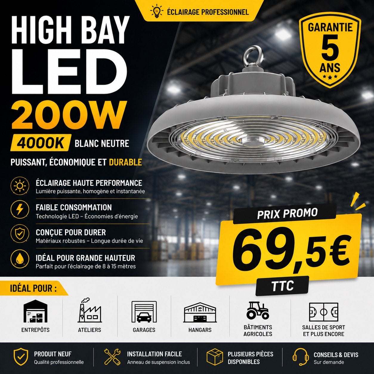 HIGH BAY LED 200W 4000K ÉCLAIRAGE INDUSTRIEL GARANTIE 5 ANS, Huis en Inrichting, Lampen | Spots, Overige materialen, Dimbaar, Overige typen