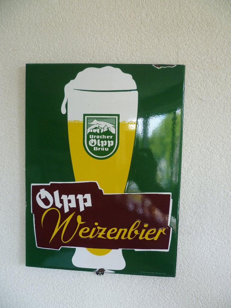 EMAILLE RECLAMEBORD"OLPP WEIZENBIER"UIT JAREN 50, Ophalen of Verzenden, Gebruikt, Reclamebord