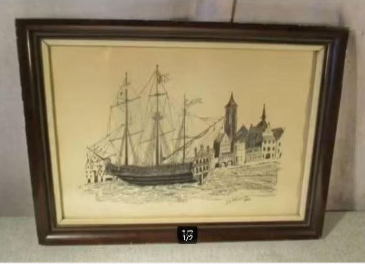 Dessin ancien à la plume « Voilier sur le quai » - Defilett, Enlèvement ou Envoi, Dessin, Dessin à la plume, Fait main
