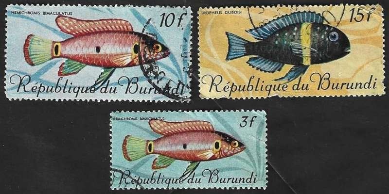 3 Postzegels Burundi 1967 Vissen (I), Postzegels en Munten, Ophalen of Verzenden, Overige landen, Gestempeld