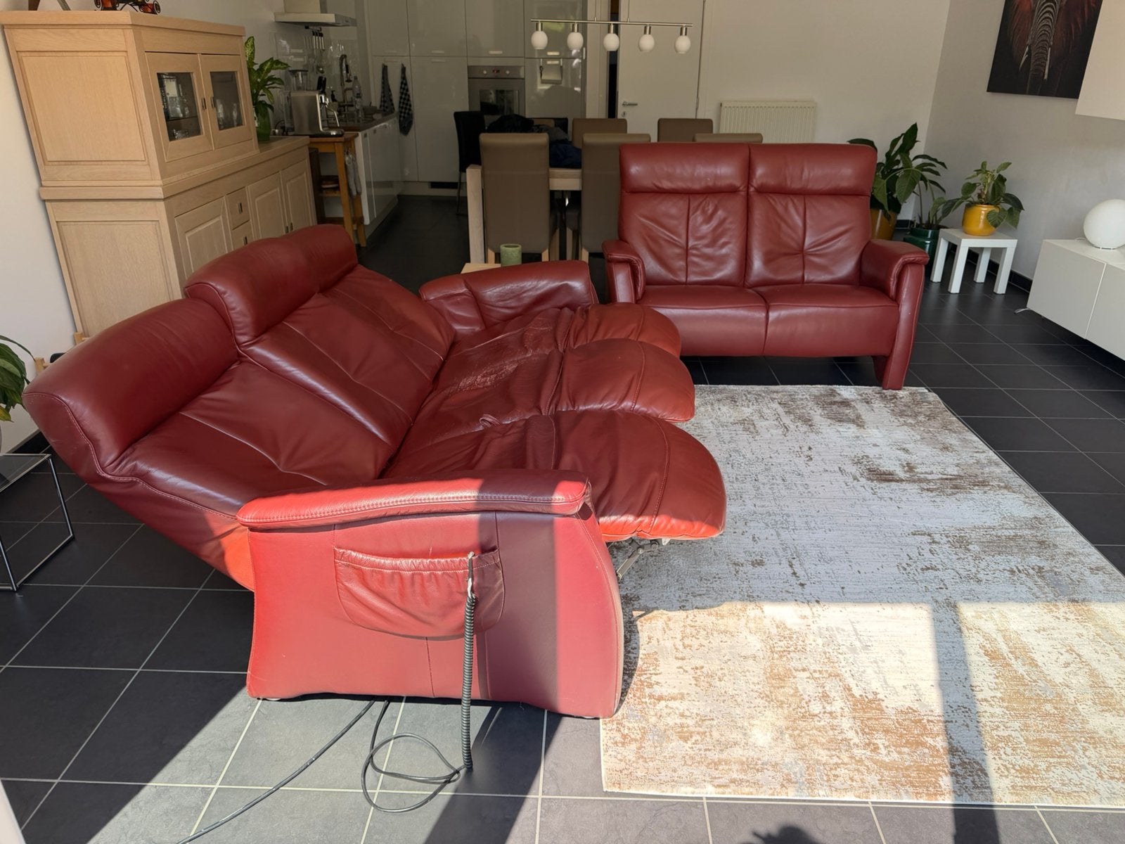 3-zit lederen relaxbank – 2 elektrische relaxen – echt leder, Huis en Inrichting, Ophalen, Gebruikt, Leer, Comfortabele lederen relaxsalon