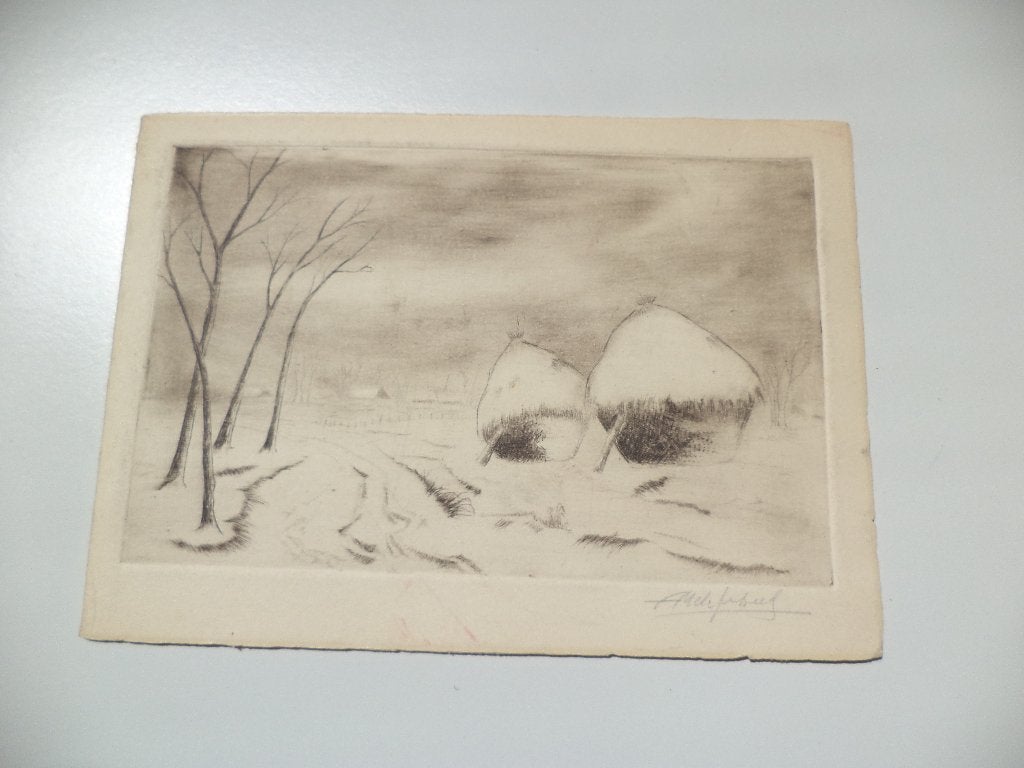 ets eauforte schelven in de sneeuw hooimijten veld in winter, Antiek en Kunst, Kunst | Etsen en Gravures, Ophalen of Verzenden