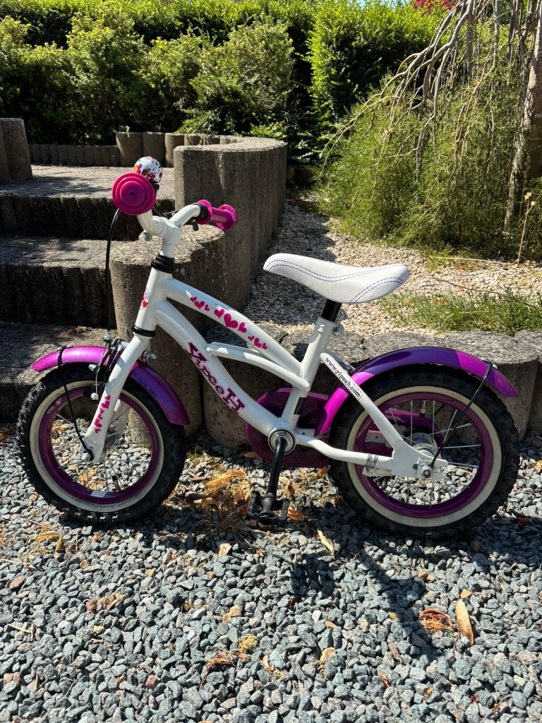 Vélo Yipeeh pour filles de 12 pouces en blanc/rose/violet, Frein sur jante, Stabilisateurs, Enlèvement, Utilisé