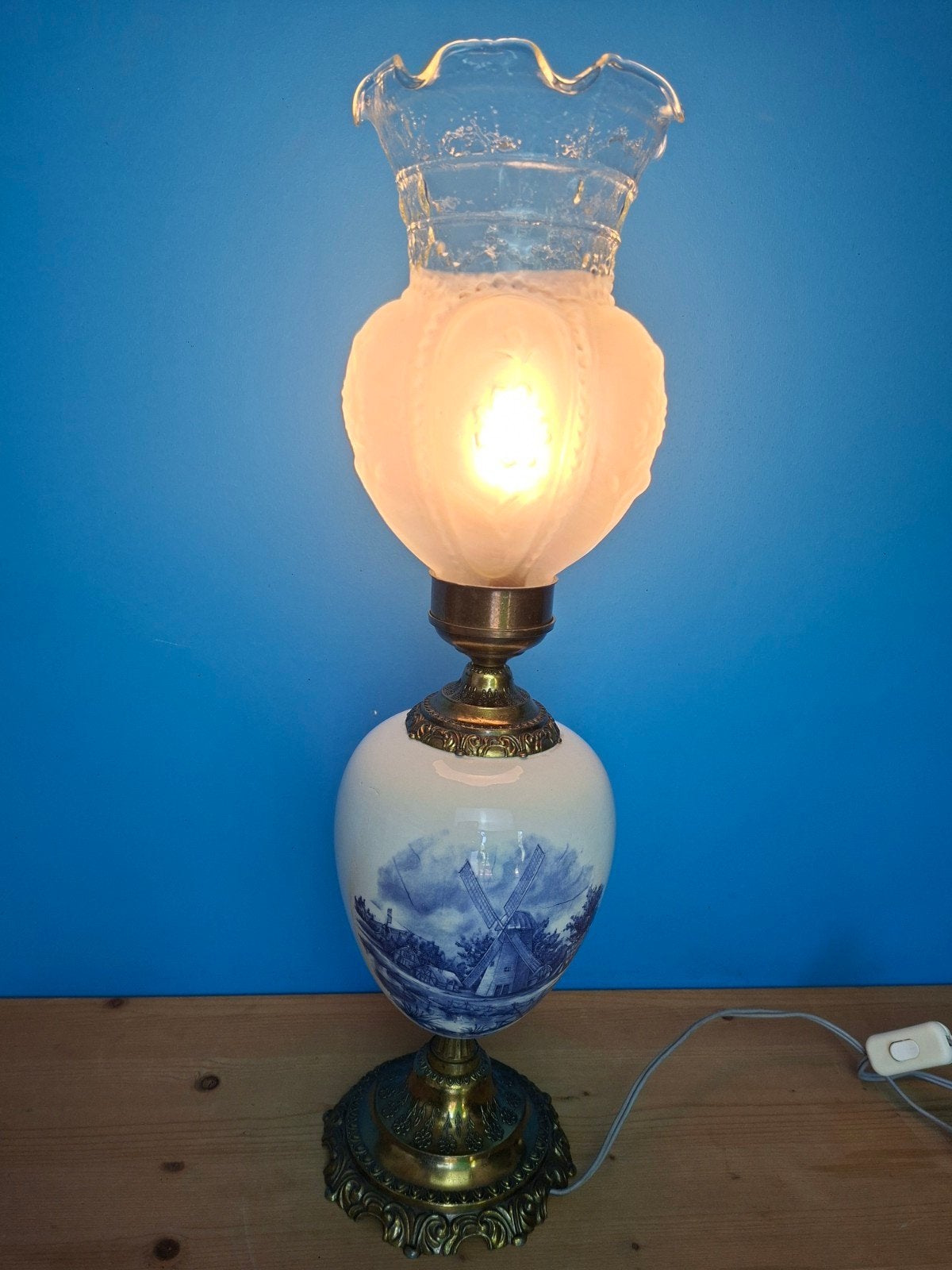 Grote oude lamp Delfts blauw, Antiek en Kunst, Ophalen